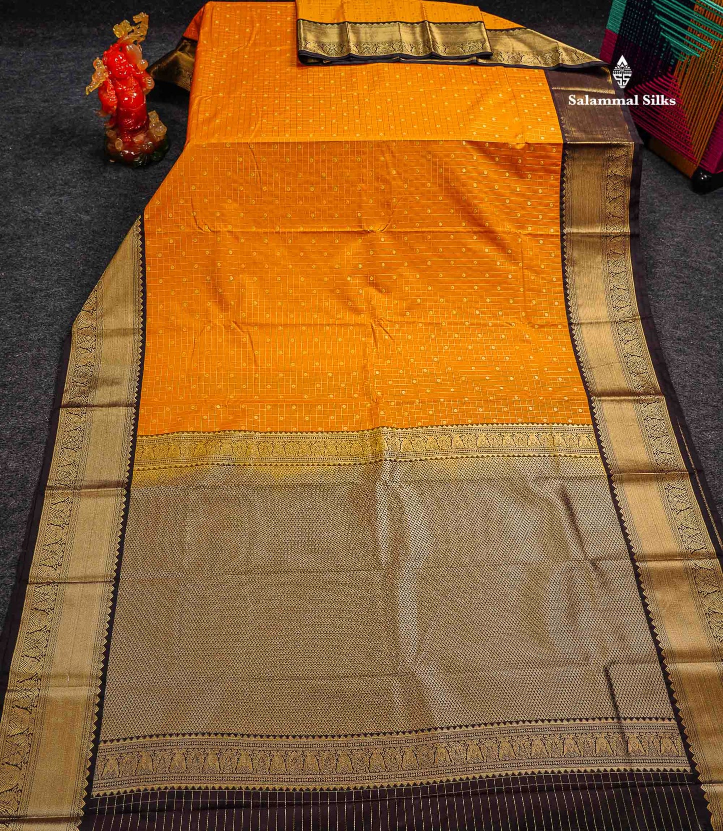 Semi Silk Saree - Mango Yellow Butta With Small Checks Along With Contrast Dark Brown Iruthala Pakshi Traditional Border