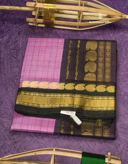 Purple Small Checks Pure Silk Cotton Saree With Contrast Black Traditional Border