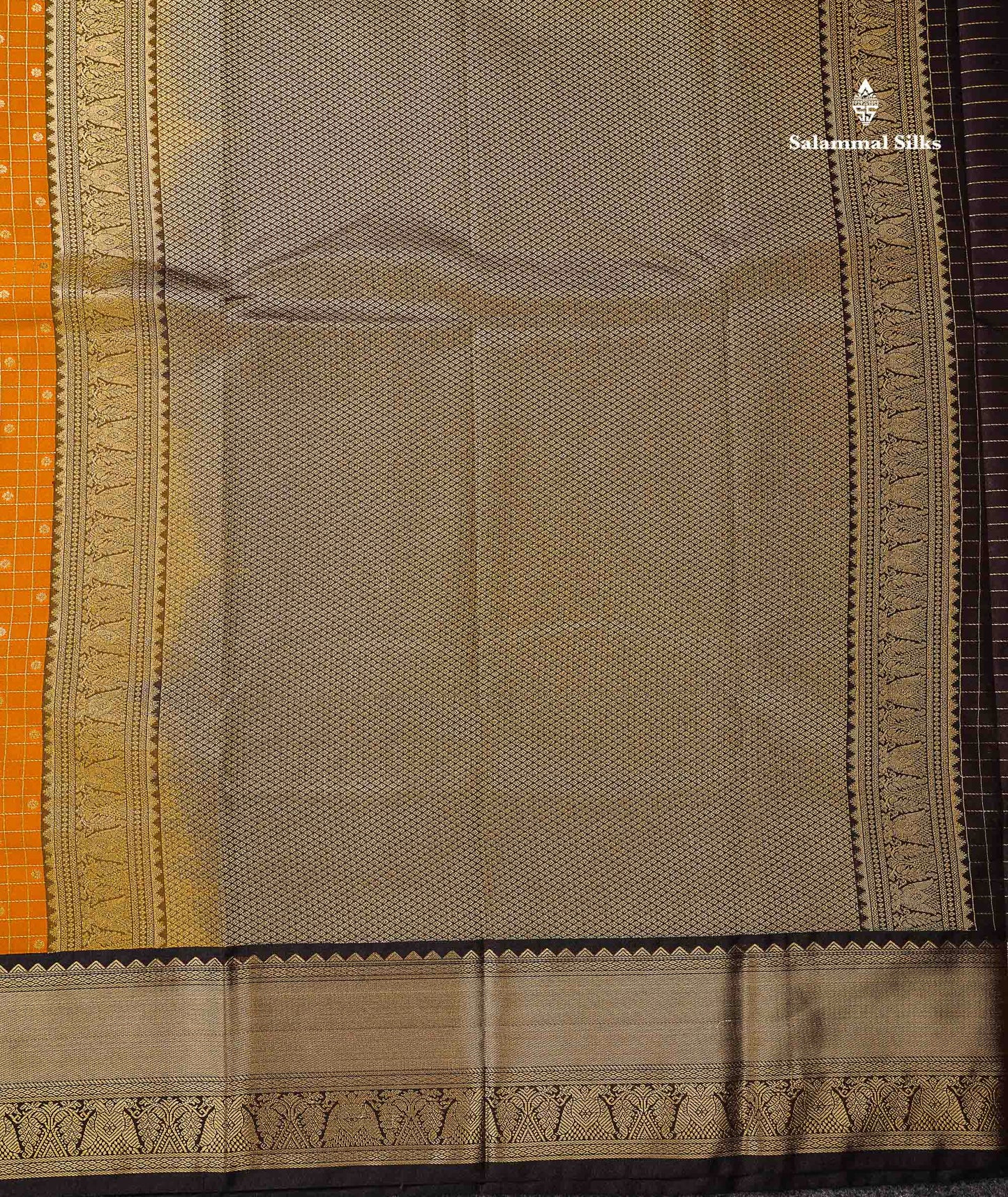 Semi Silk Saree - Mango Yellow Butta With Small Checks Along With Contrast Dark Brown Iruthala Pakshi Traditional Border