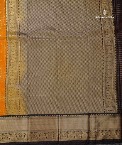 Semi Silk Saree - Mango Yellow Butta With Small Checks Along With Contrast Dark Brown Iruthala Pakshi Traditional Border