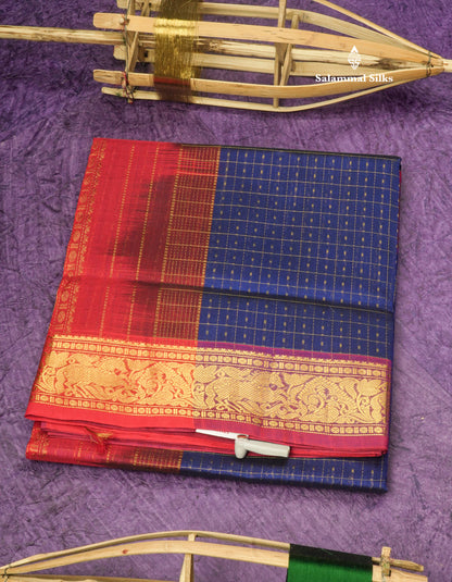 Royal Blue Zari Checks Pure Silk Cotton Saree With Traditional Gold Zari Border
