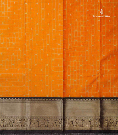 Semi Silk Saree - Mango Yellow Butta With Small Checks Along With Contrast Dark Brown Iruthala Pakshi Traditional Border