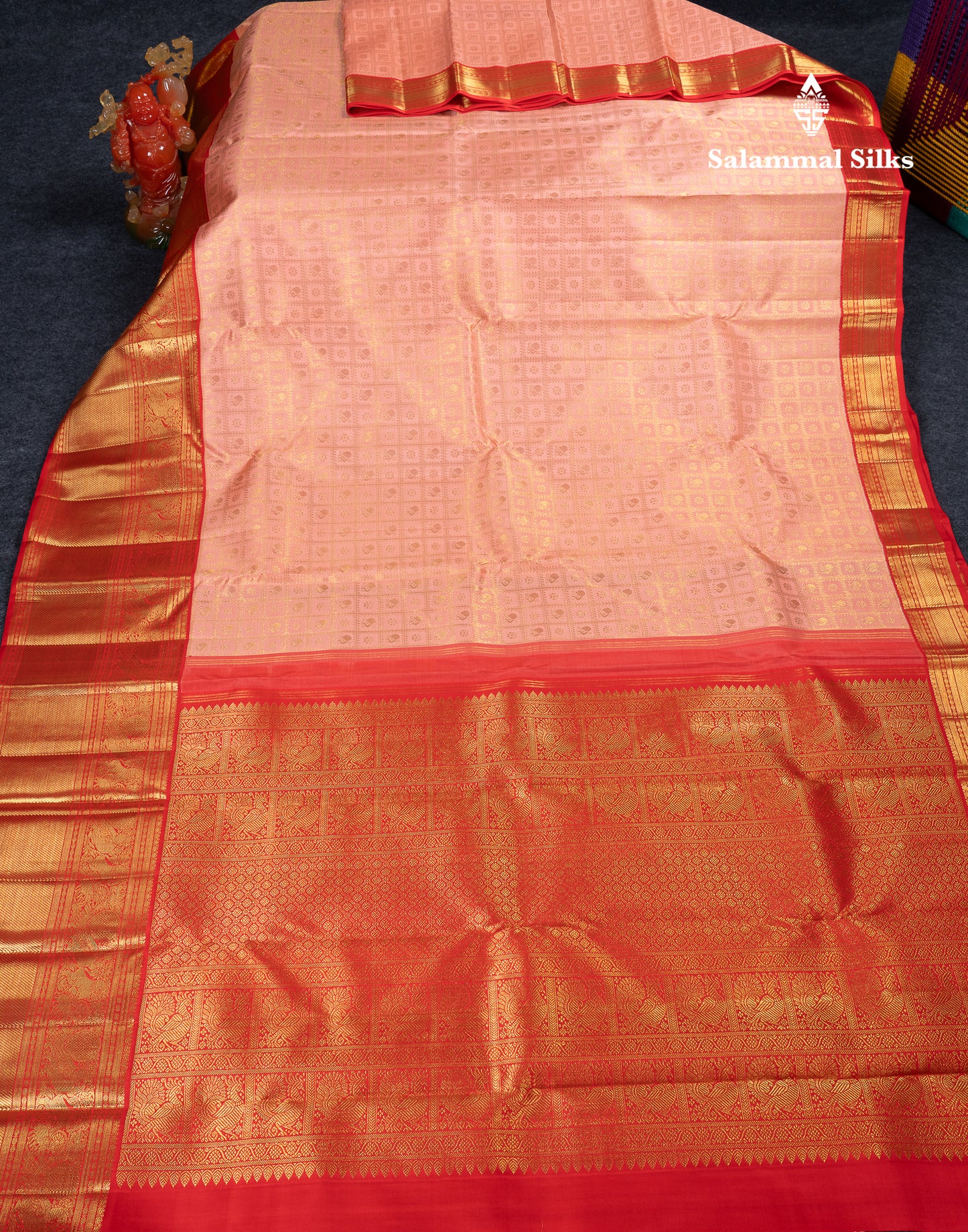 Korvai Beautiful Peach Checks With Butta Pure Kanjivaram Silk Saree Pure Zari with Contrast Chilly Red Traditional Evening Morning Border