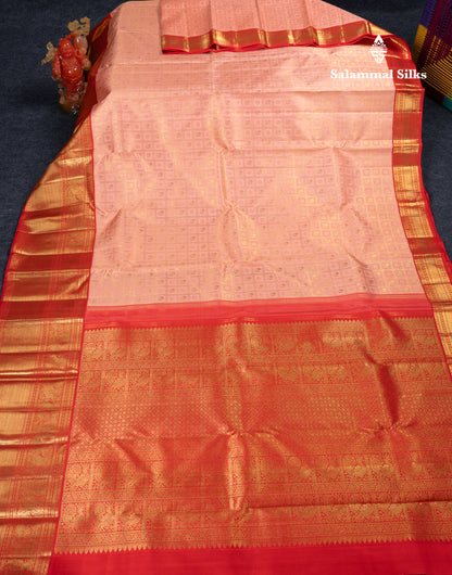 Korvai Beautiful Peach Checks With Butta Pure Kanjivaram Silk Saree Pure Zari with Contrast Chilly Red Traditional Evening Morning Border