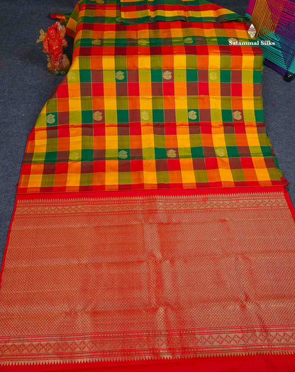 Pure Kanjivaram Silk Saree - Paalum Pazham Checks & Butta With Contrast Chilly Red Blouse 