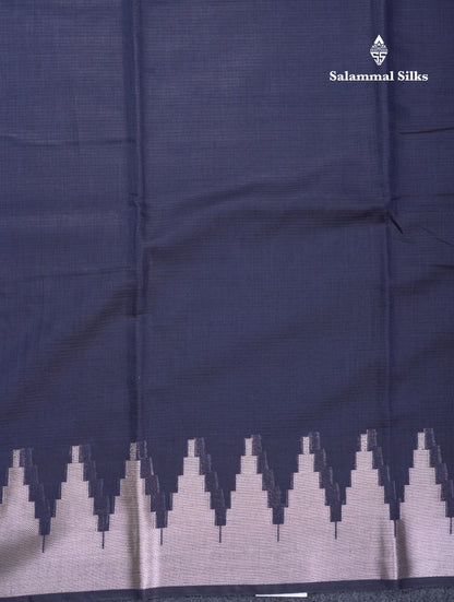Navy Blue Beautiful Horizontal Lines Cotton Mix Fancy Saree With Silver Zari Temple Border
