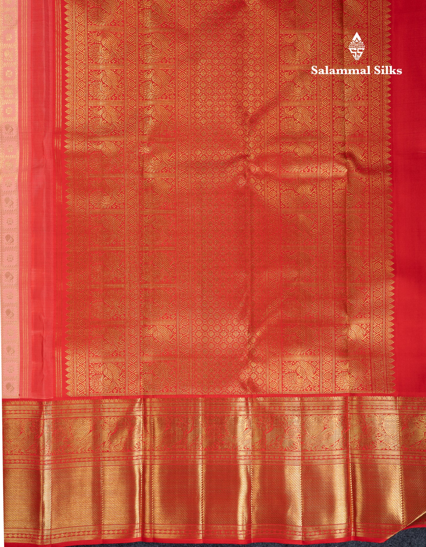 Korvai Beautiful Peach Checks With Butta Pure Kanjivaram Silk Saree Pure Zari with Contrast Chilly Red Traditional Evening Morning Border