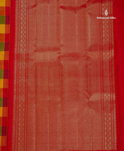 Pure Kanjivaram Silk Saree - Paalum Pazham Checks & Butta With Contrast Chilly Red Blouse