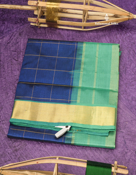 Royal Blue Zari Checks Pure Silk Cotton Saree With Gold Zari Border