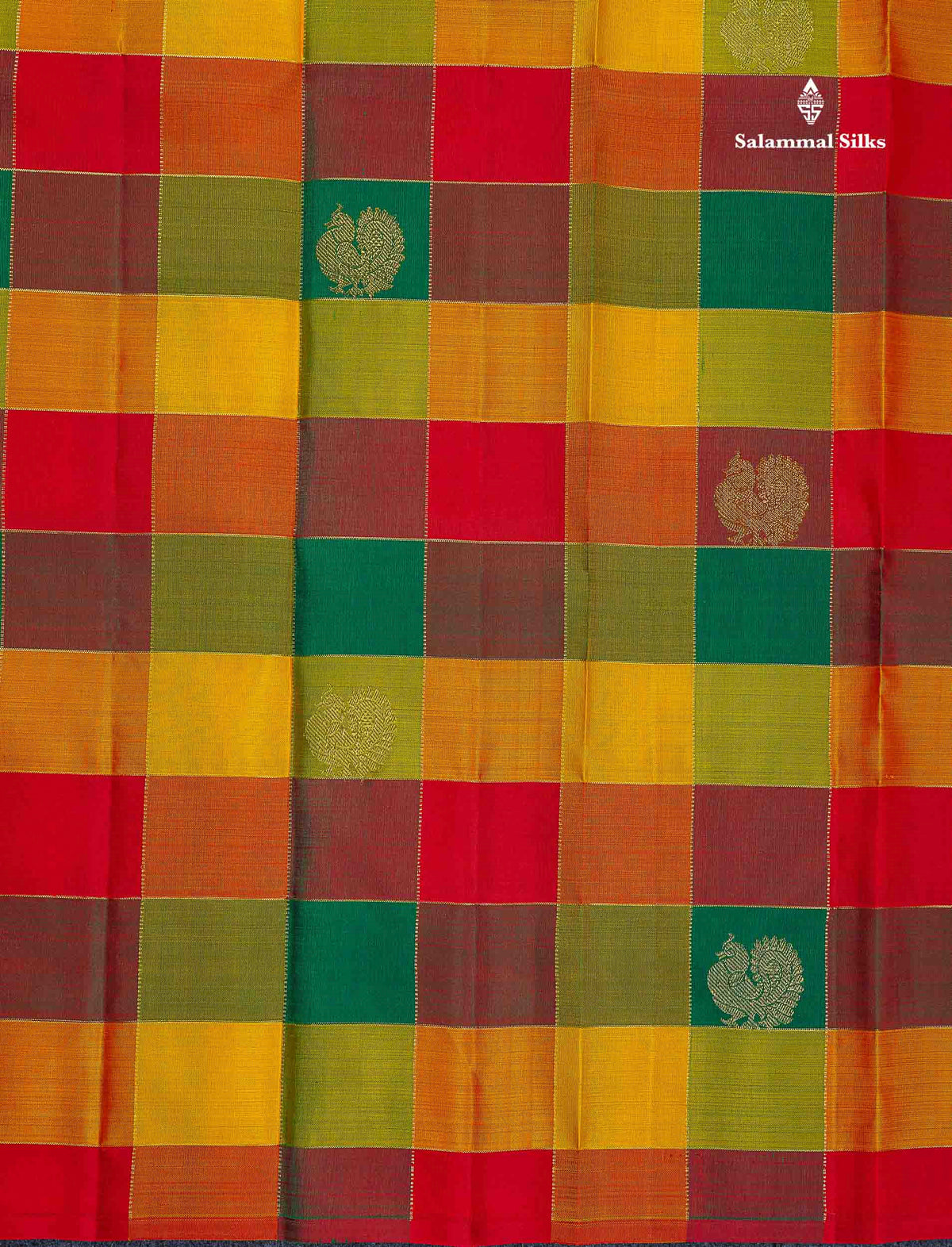 Pure Kanjivaram Silk Saree - Paalum Pazham Checks & Butta With Contrast Chilly Red Blouse