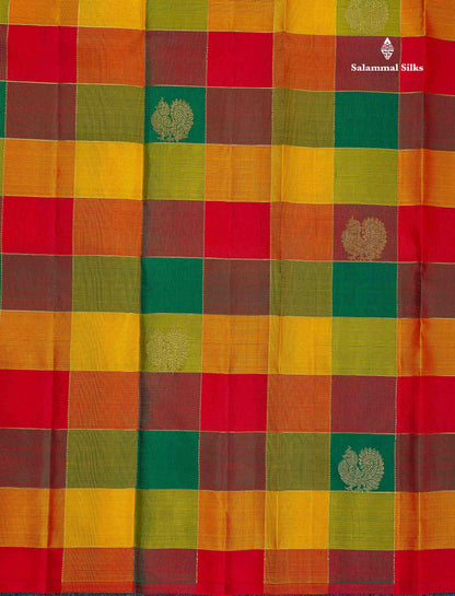 Pure Kanjivaram Silk Saree - Paalum Pazham Checks & Butta With Contrast Chilly Red Blouse