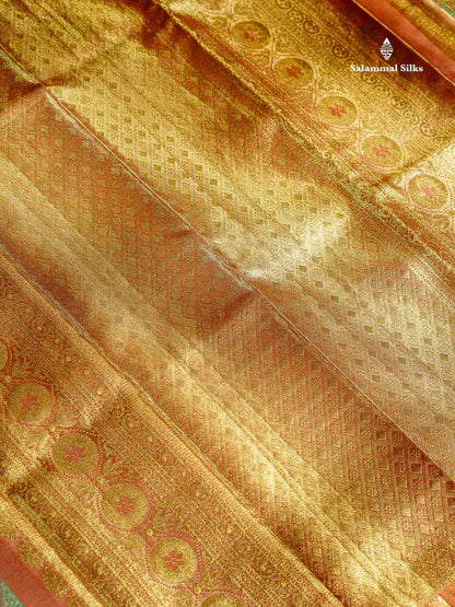 Beautiful Parrot Green Tissue Bridal Pure Kanjivaram Silk Saree With Contrast Peach Traditional Evening Morning Border