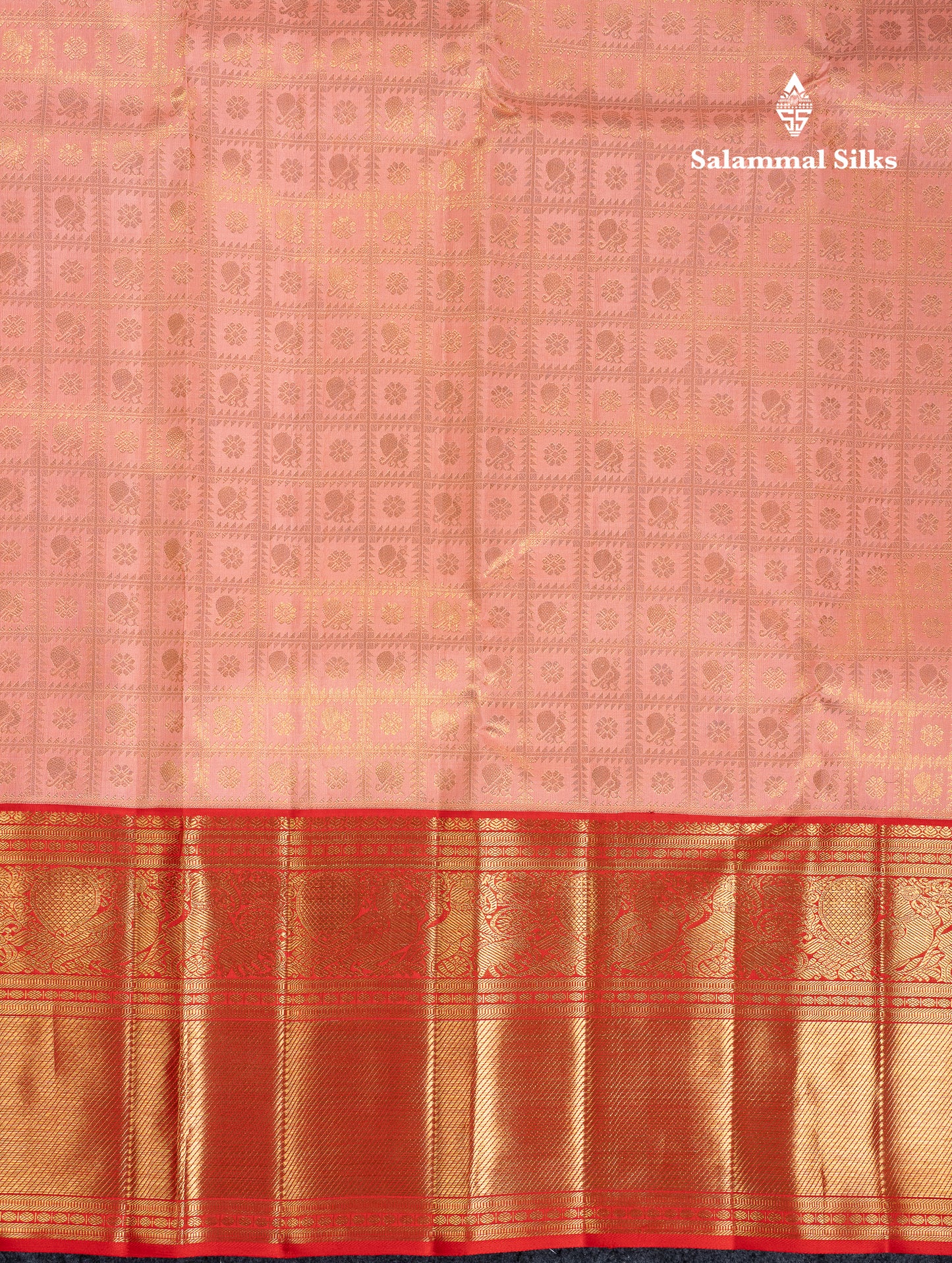 Korvai Beautiful Peach Checks With Butta Pure Kanjivaram Silk Saree Pure Zari with Contrast Chilly Red Traditional Evening Morning Border