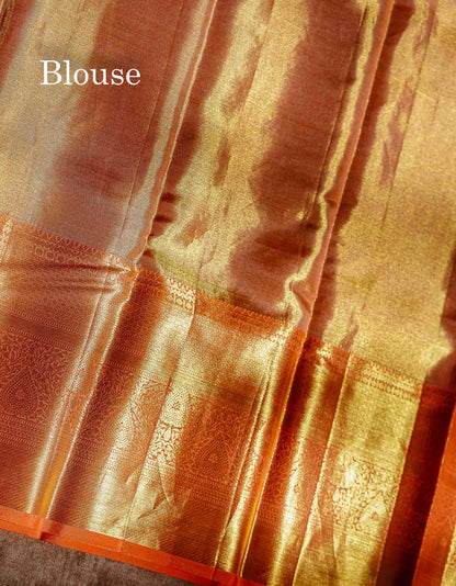 Beautiful Parrot Green Tissue Bridal Pure Kanjivaram Silk Saree With Contrast Peach Traditional Evening Morning Border