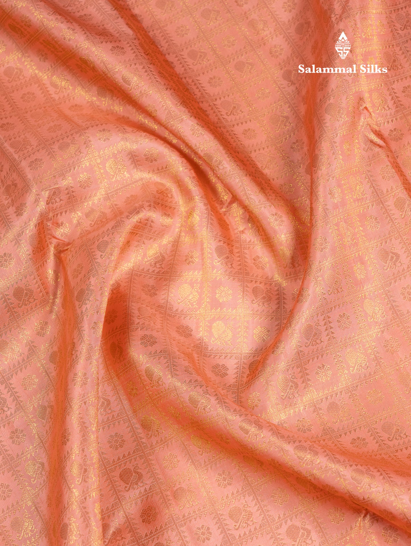 Korvai Beautiful Peach Checks With Butta Pure Kanjivaram Silk Saree Pure Zari with Contrast Chilly Red Traditional Evening Morning Border