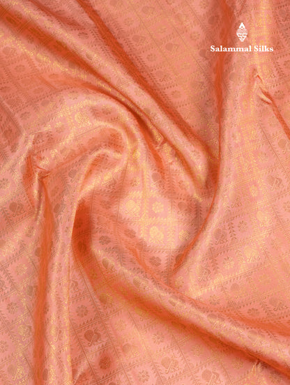 Korvai Beautiful Peach Checks With Butta Pure Kanjivaram Silk Saree Pure Zari with Contrast Chilly Red Traditional Evening Morning Border