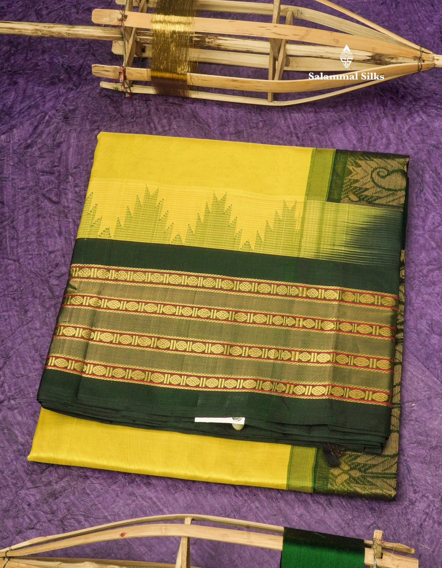 Lemon Yellow Plain Pure Silk Cotton Saree With Contrast Bottle Green Traditional Temple Border
