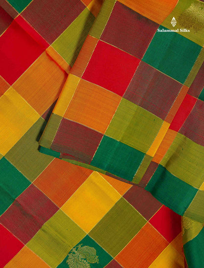 Pure Kanjivaram Silk Saree - Paalum Pazham Checks & Butta With Contrast Chilly Red Blouse