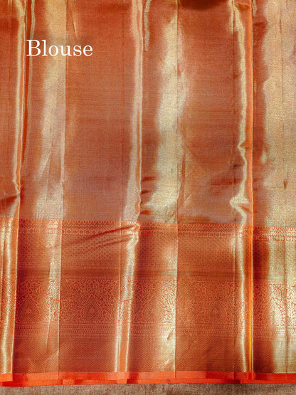 Beautiful Parrot Green Tissue Bridal Pure Kanjivaram Silk Saree With Contrast Peach Traditional Evening Morning Border
