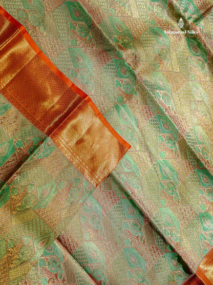 Beautiful Parrot Green Tissue Bridal Pure Kanjivaram Silk Saree With Contrast Peach Traditional Evening Morning Border