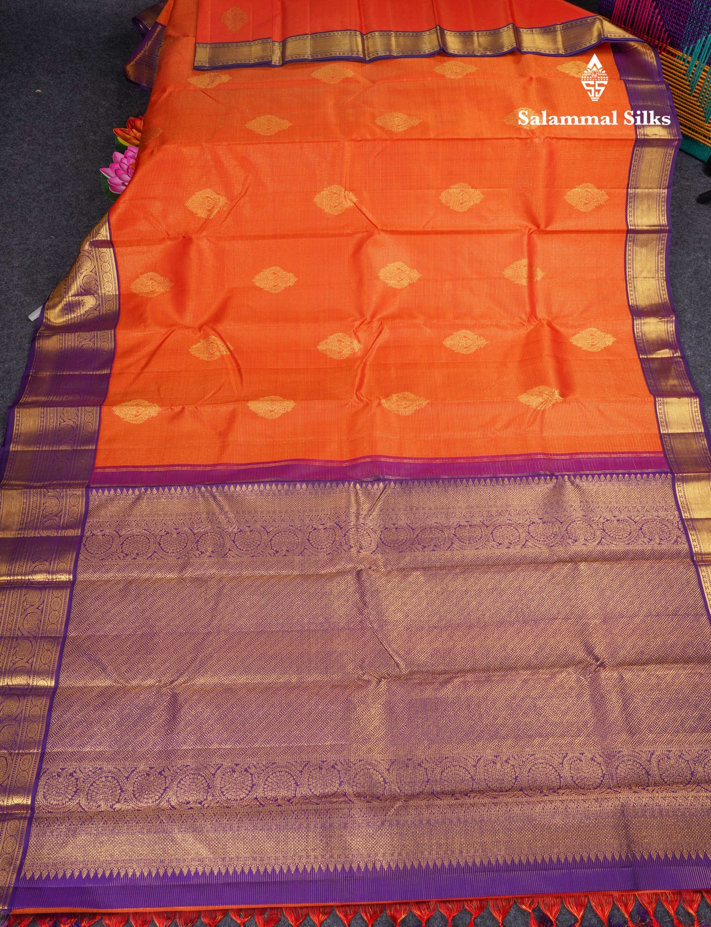 Korvai Orange Tiny Checks Pure Kanjivaram Silk Saree With Contrast Purple Border