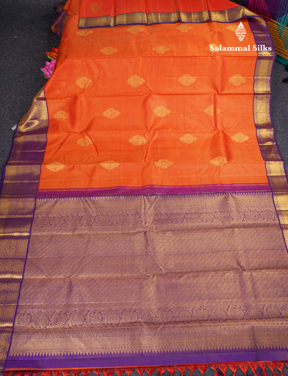 Korvai Orange Tiny Checks Pure Kanjivaram Silk Saree With Contrast Purple Border