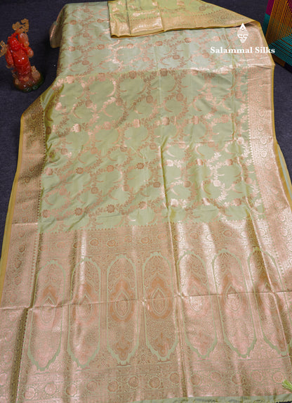 Beautiful Peacock Green Semi Banaras Saree With Fancy Border