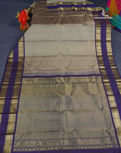 Pure Kanjivaram Silk Saree - Grey White Colour Body Vaira Oosi Tiny Checks & Contrast Navy Blue Gap Border