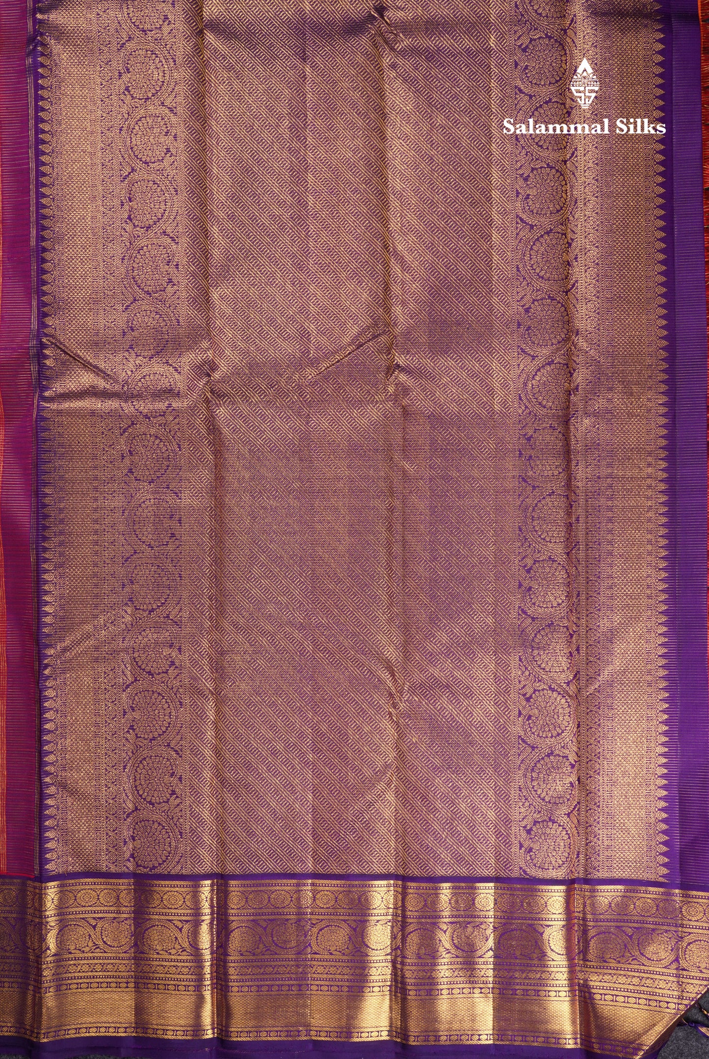 Korvai Orange Tiny Checks Pure Kanjivaram Silk Saree With Contrast Purple Border