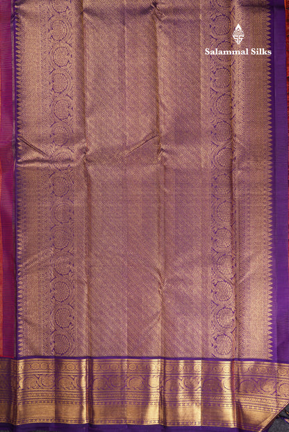 Korvai Orange Tiny Checks Pure Kanjivaram Silk Saree With Contrast Purple Border