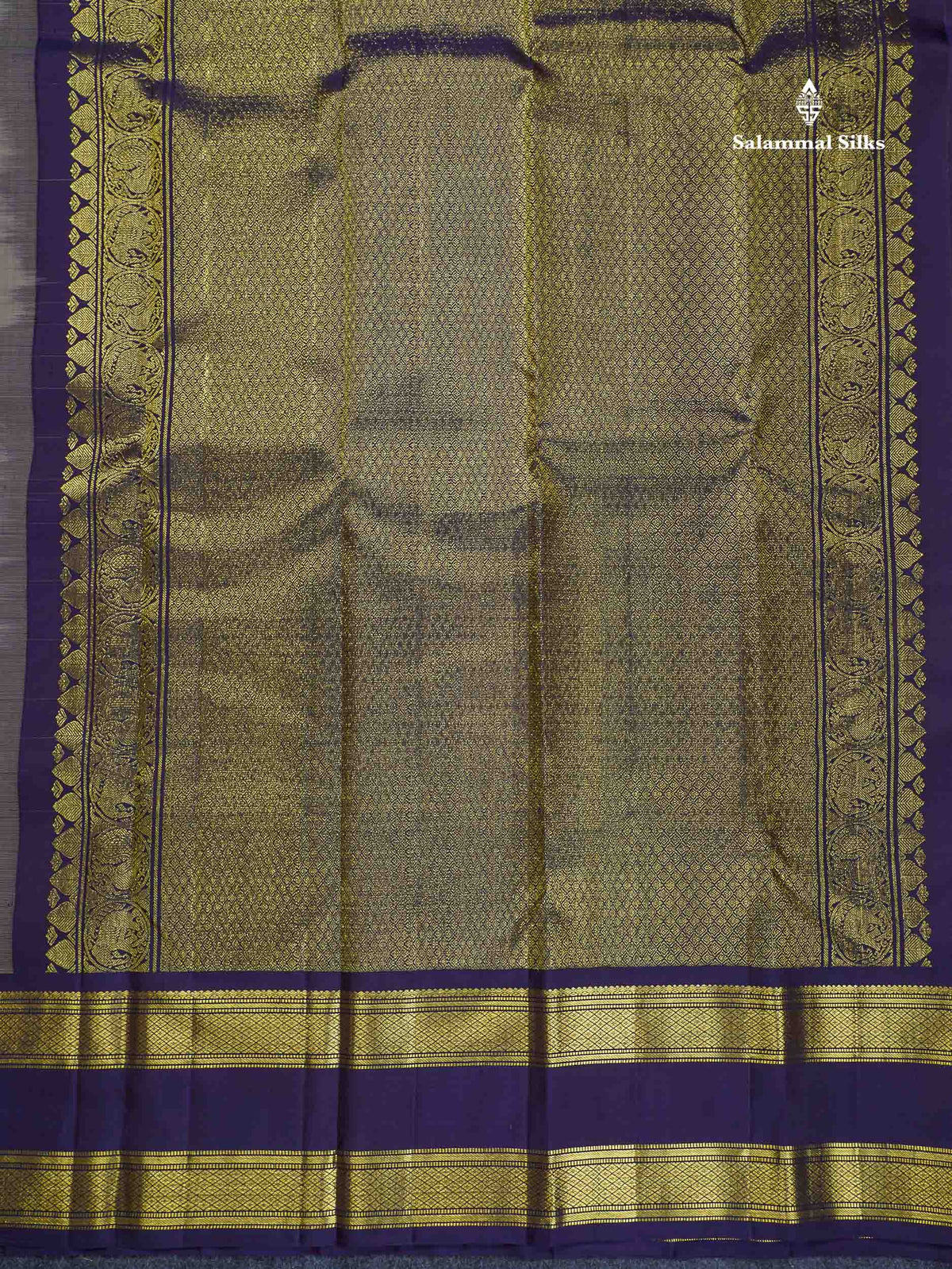 Pure Kanjivaram Silk Saree - Grey White Colour Body Vaira Oosi Tiny Checks & Contrast Navy Blue Gap Border