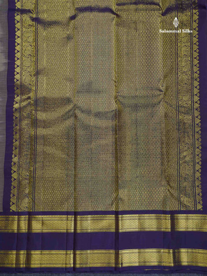Pure Kanjivaram Silk Saree - Grey White Colour Body Vaira Oosi Tiny Checks & Contrast Navy Blue Gap Border