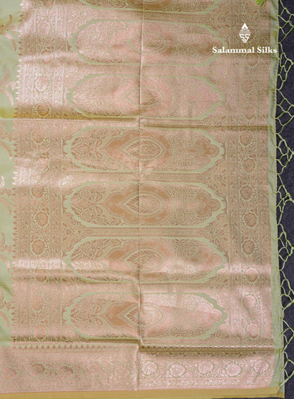 Beautiful Peacock Green Semi Banaras Saree With Fancy Border