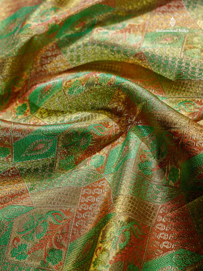 Beautiful Parrot Green Tissue Bridal Pure Kanjivaram Silk Saree With Contrast Peach Traditional Evening Morning Border