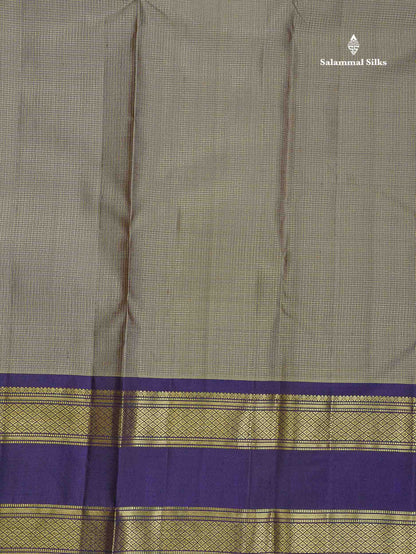 Pure Kanjivaram Silk Saree - Grey White Colour Body Vaira Oosi Tiny Checks & Contrast Navy Blue Gap Border