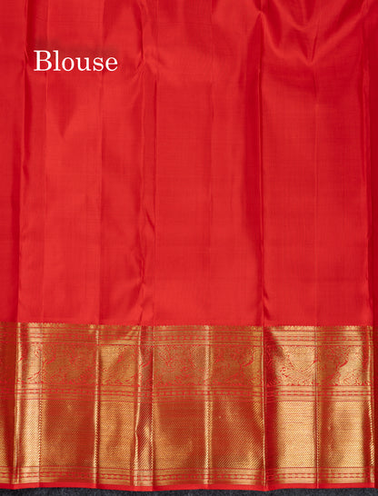 Korvai Beautiful Peach Checks With Butta Pure Kanjivaram Silk Saree Pure Zari with Contrast Chilly Red Traditional Evening Morning Border