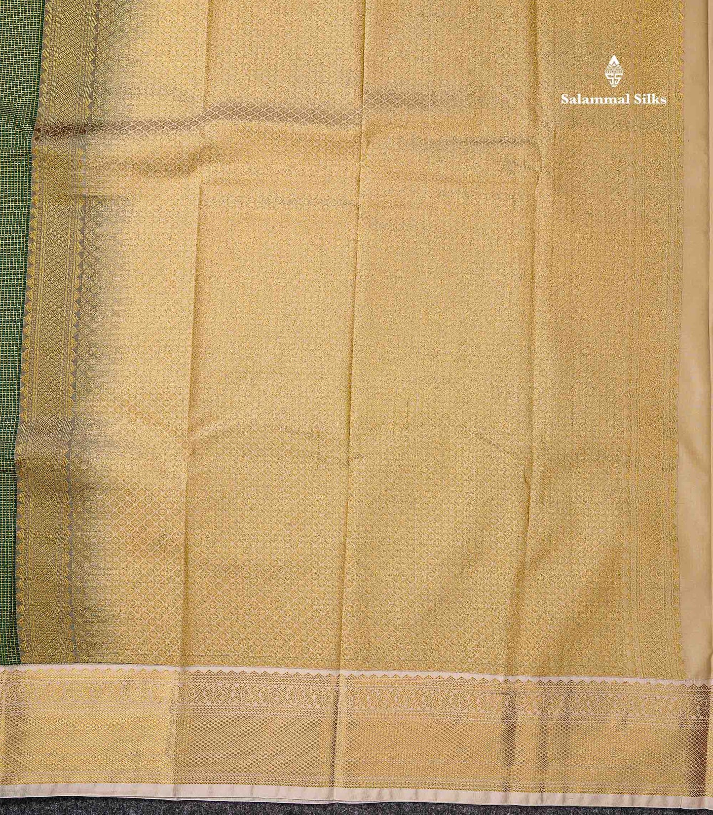 Semi Silk Saree - Bottle Green Mango Butta With Tiny Vaira Oosi Checks Along With Contrast Cream Sandal Traditional Border
