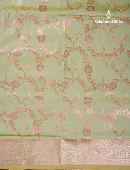 Beautiful Peacock Green Semi Banaras Saree With Fancy Border