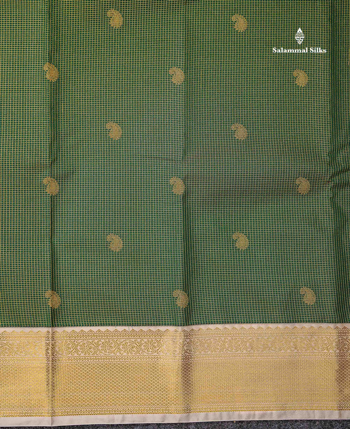 Semi Silk Saree - Bottle Green Mango Butta With Tiny Vaira Oosi Checks Along With Contrast Cream Sandal Traditional Border