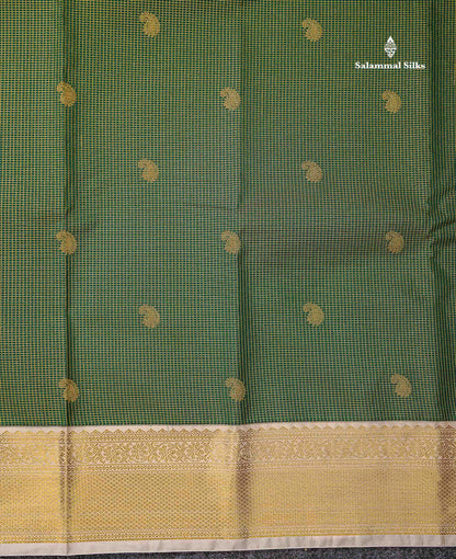 Semi Silk Saree - Bottle Green Mango Butta With Tiny Vaira Oosi Checks Along With Contrast Cream Sandal Traditional Border
