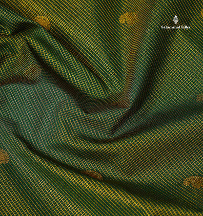 Semi Silk Saree - Bottle Green Mango Butta With Tiny Vaira Oosi Checks Along With Contrast Cream Sandal Traditional Border