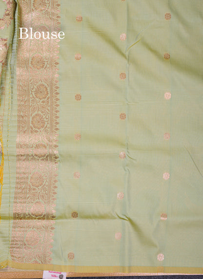 Beautiful Peacock Green Semi Banaras Saree With Fancy Border