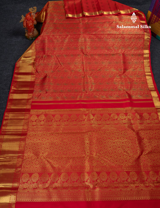 Beautiful Red Menakari Work Bridal 2G Pure Kanjivaram Silk Saree With Traditional Evening Morning Border