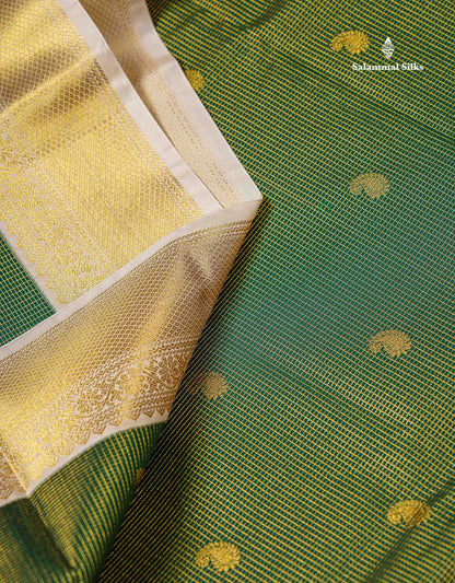Semi Silk Saree - Bottle Green Mango Butta With Tiny Vaira Oosi Checks Along With Contrast Cream Sandal Traditional Border