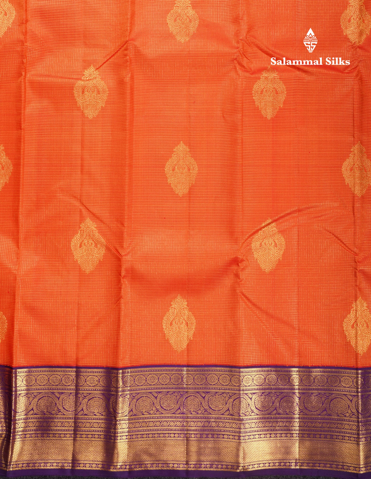 Korvai Orange Tiny Checks Pure Kanjivaram Silk Saree With Contrast Purple Border