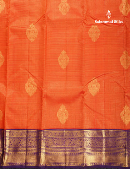 Korvai Orange Tiny Checks Pure Kanjivaram Silk Saree With Contrast Purple Border
