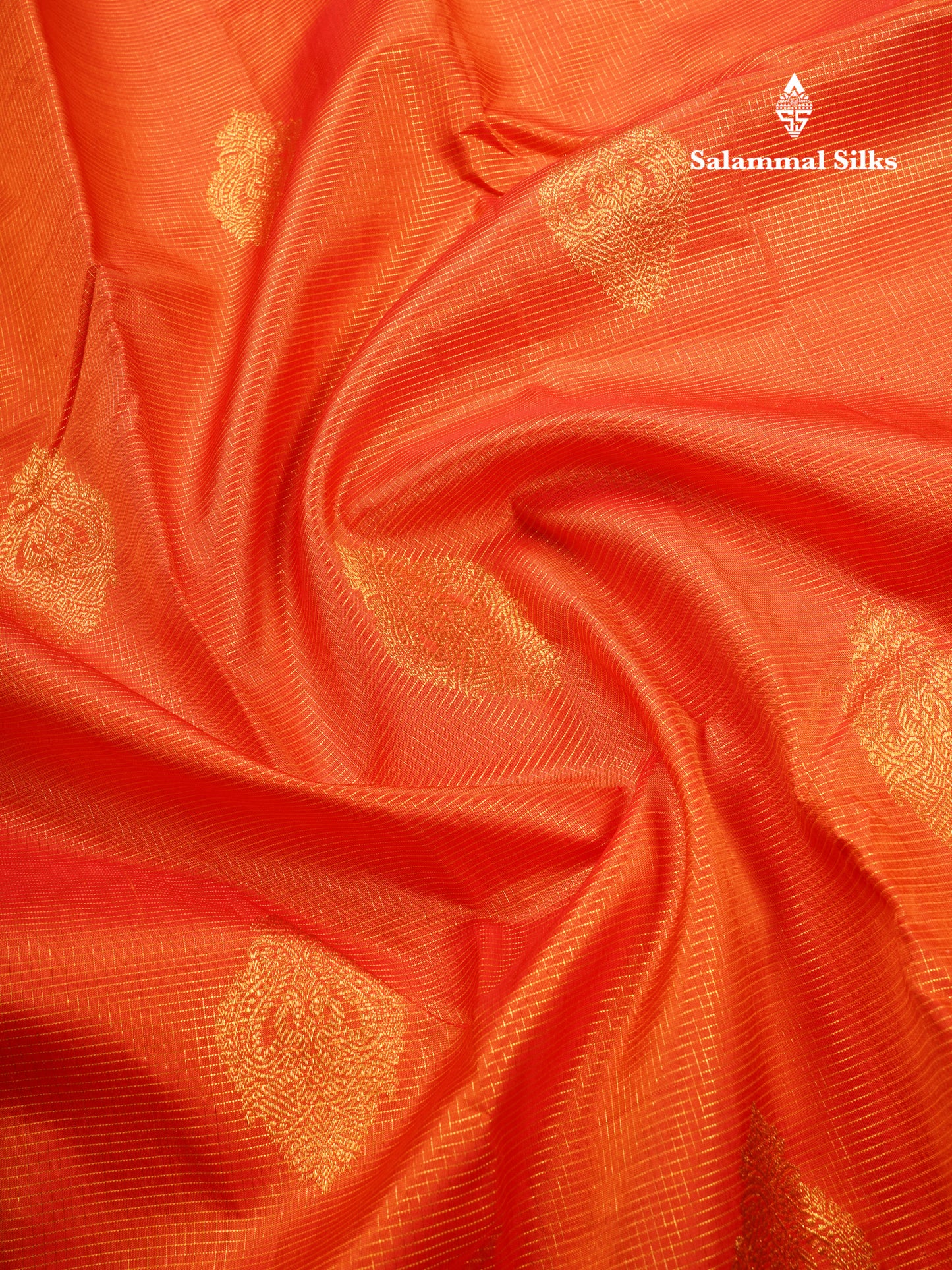 Korvai Orange Tiny Checks Pure Kanjivaram Silk Saree With Contrast Purple Border