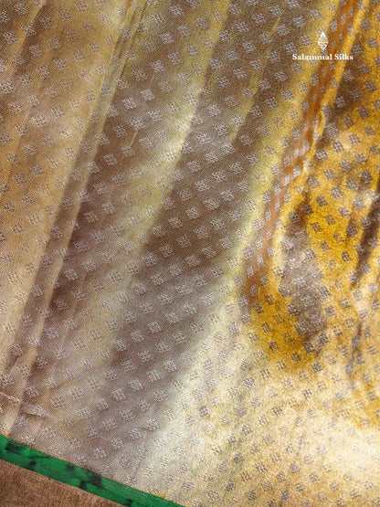 Dual Tone Pinkish Orange Tissue Bridal Pure Kanjivaram Silk Saree With Contrast Half White Border