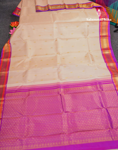 Korvai Peach Pure Kanjivaram Silk Saree With Contrast Vadamalli Traditional Border