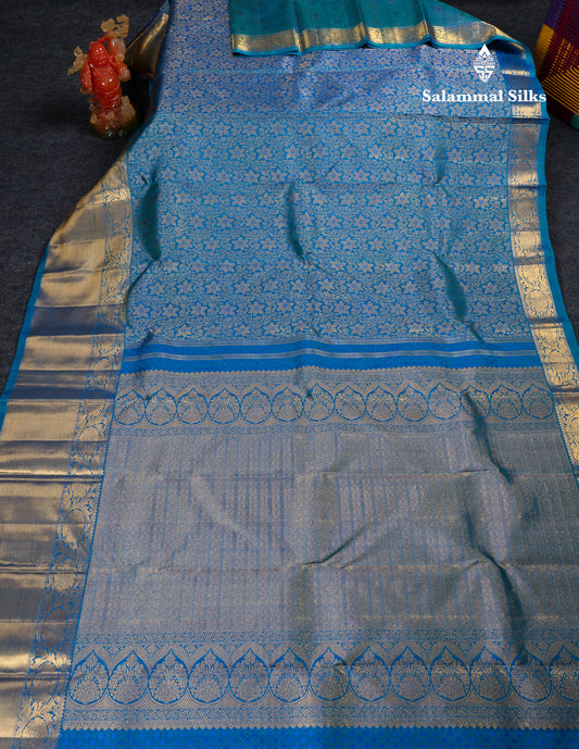 Beautiful Dual Tone Peacock Blue Bridal 2G Pure Kanjivaram Silk Saree With Traditional Evening Morning Border